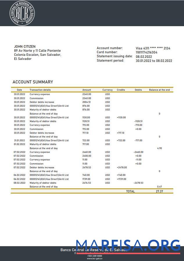 Printable Salvador Banco Central de Reserva de El Salvador bank statement word sample